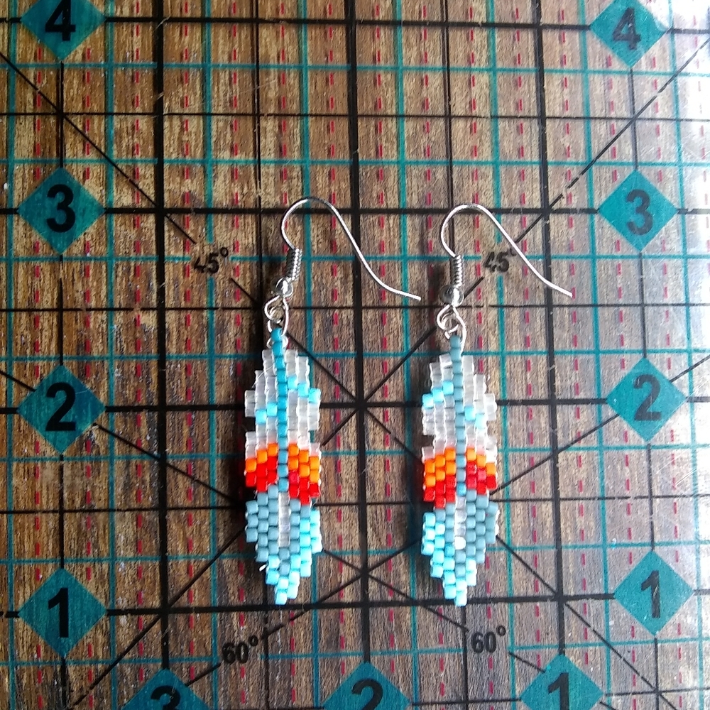 SOLD Handmade Feather Beaded Pierced Earrings - Picture 4 of 5